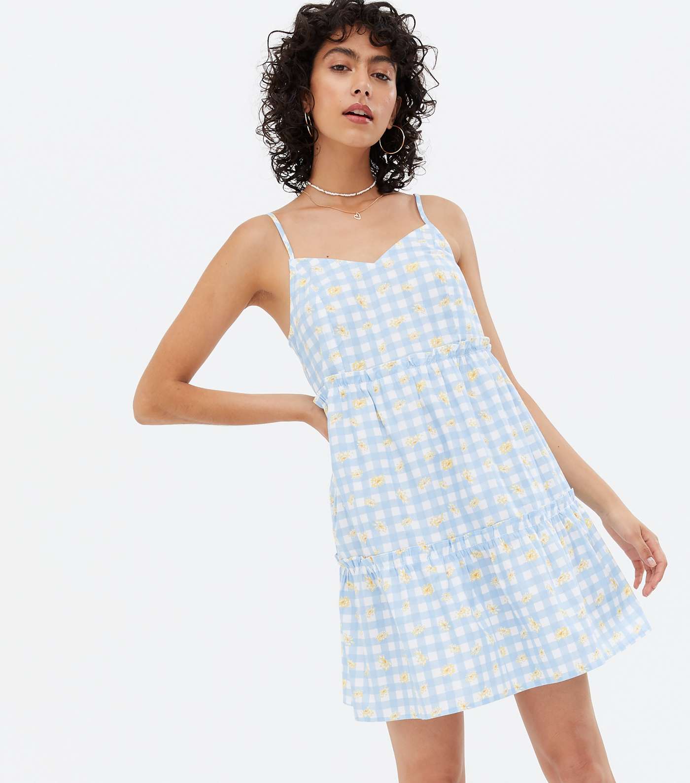 Pale Blue Check Floral Tiered Strappy Mini Dress