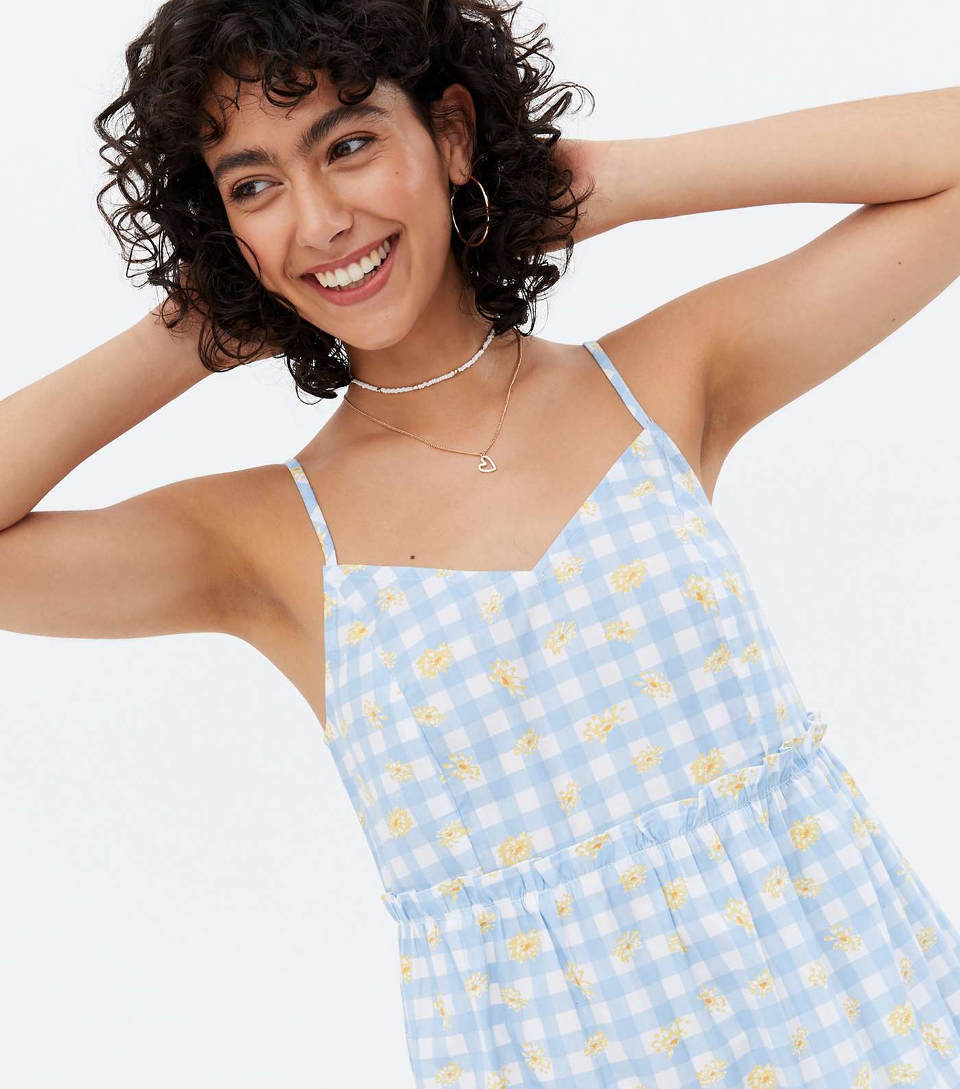 Pale Blue Check Floral Tiered Strappy Mini Dress Image 3