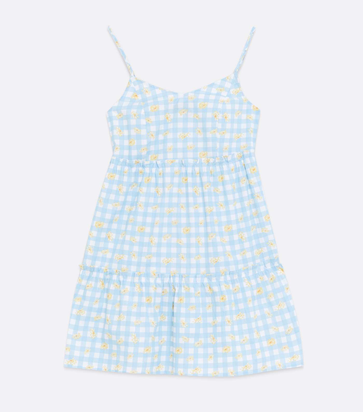Pale Blue Check Floral Tiered Strappy Mini Dress Image 5