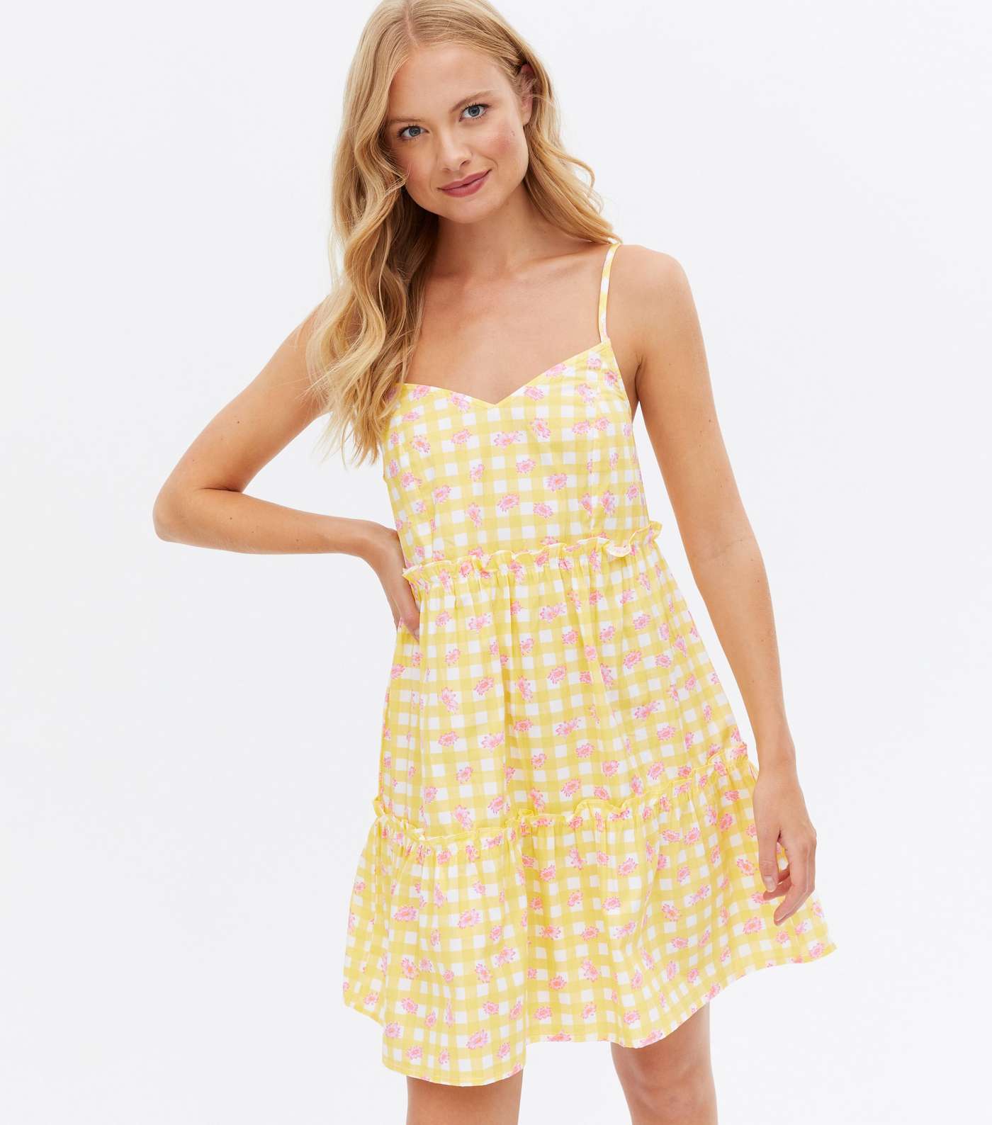 Yellow Check Floral Tiered Strappy Mini Dress