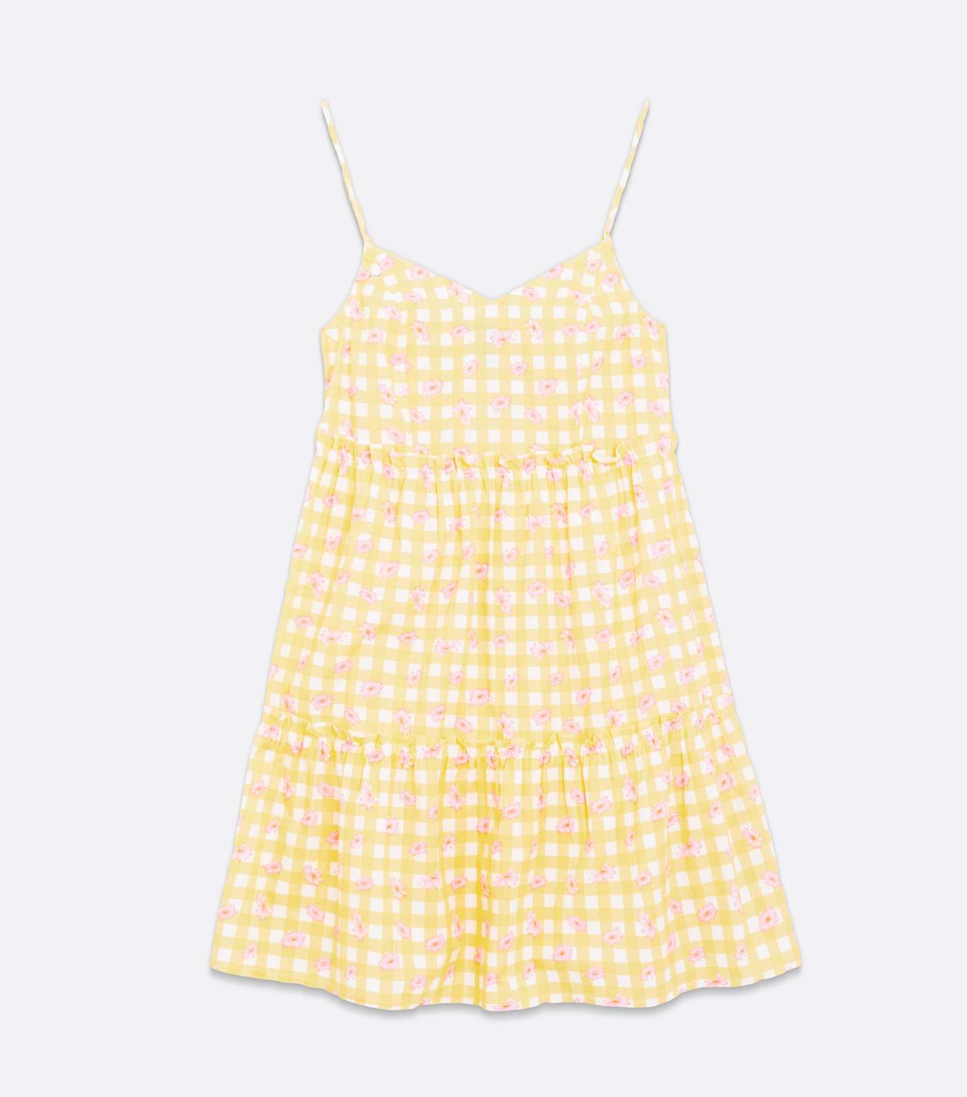 Yellow Check Floral Tiered Strappy Mini Dress Image 5