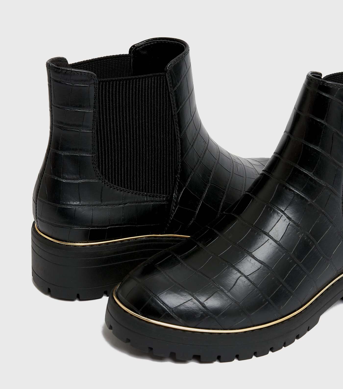 Wide Fit Black Faux Croc Metal Trim Chunky Chelsea Boots Image 4