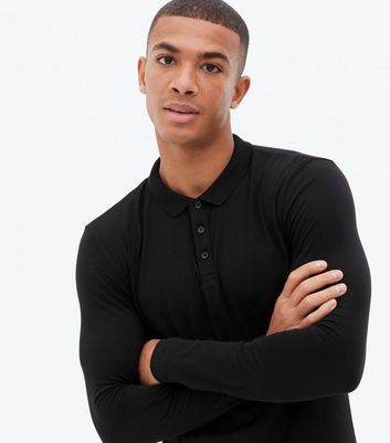 black muscle fit long sleeve polo shirt