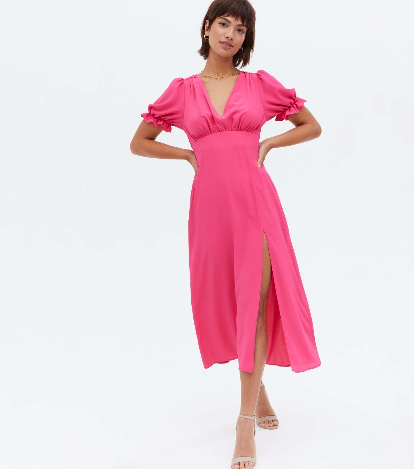 Bright Pink Open Tie Back Puff Sleeve Midi Dress