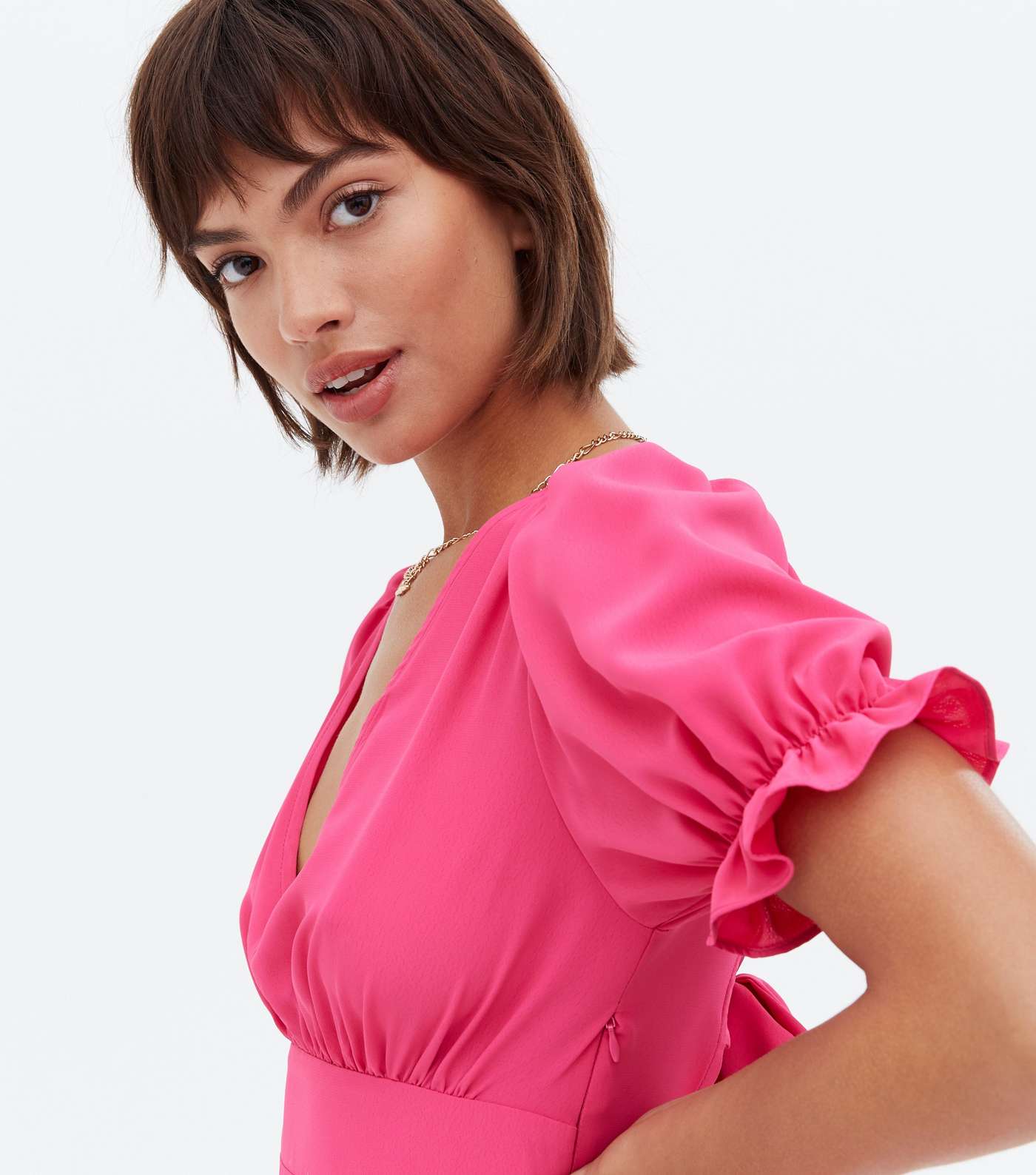 Bright Pink Open Tie Back Puff Sleeve Midi Dress Image 3