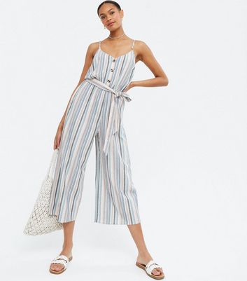 blue and white striped linen jumpsuit