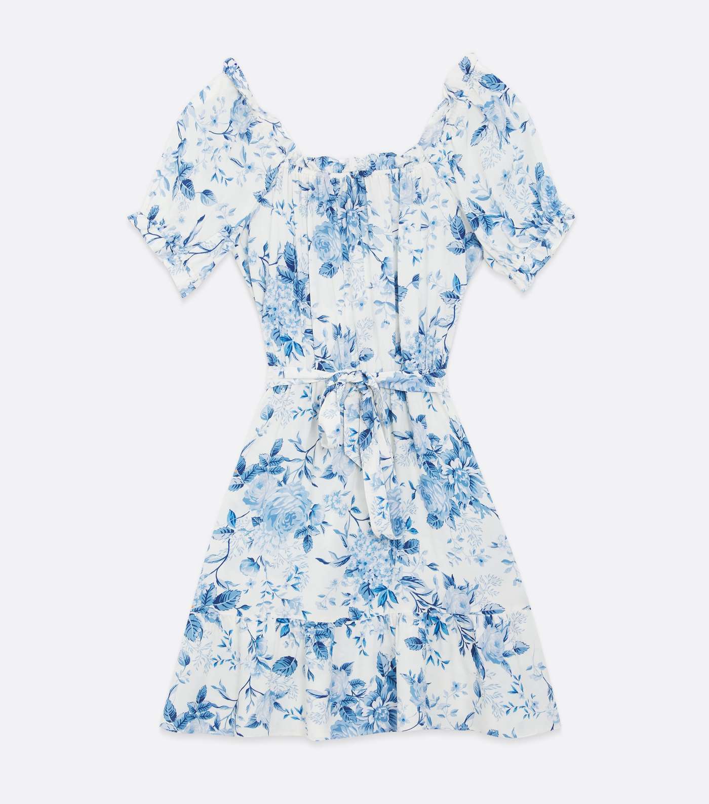 Blue Floral Bardot Belted Dress Image 5
