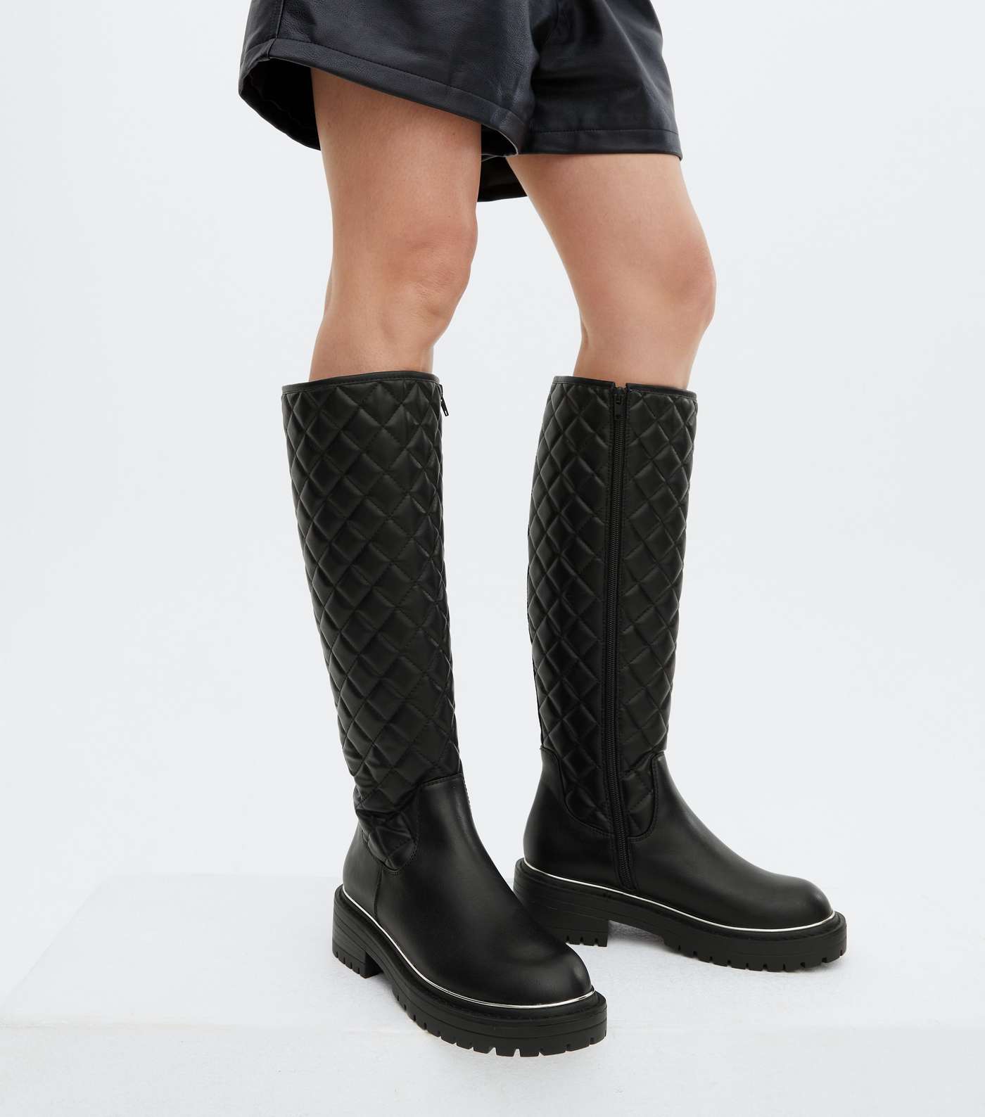 Black Quilted Metal Trim Knee High Boots Image 2