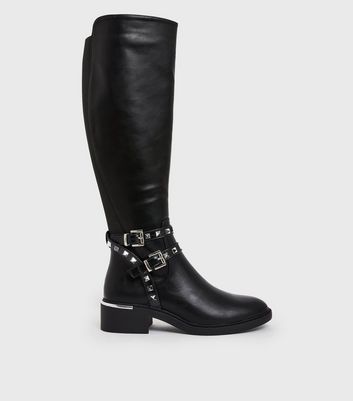 shop for Black Studded Double Buckle Knee High Boots New Look Vegan at Shopo