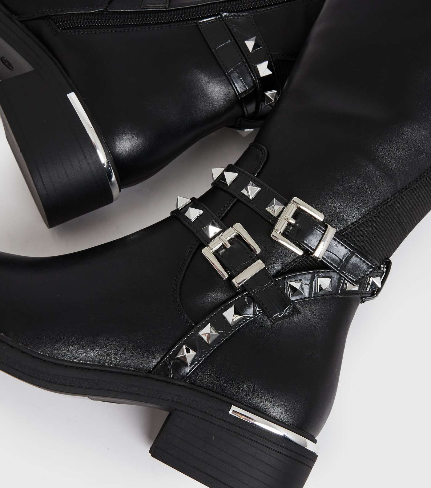 Black Studded Double Buckle Knee High Boots Image 4
