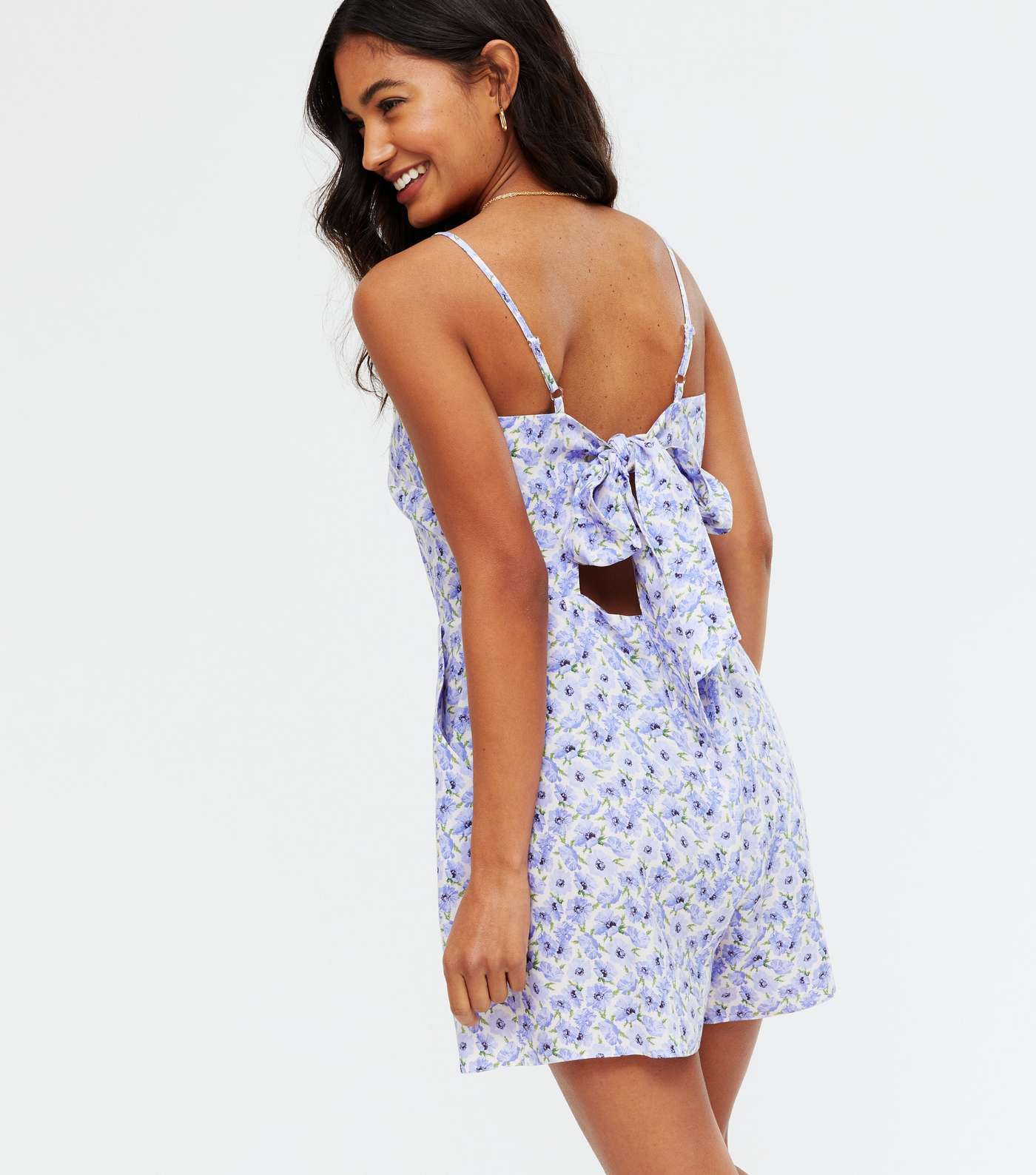 White Ditsy Floral Tie Open Back Playsuit Image 4
