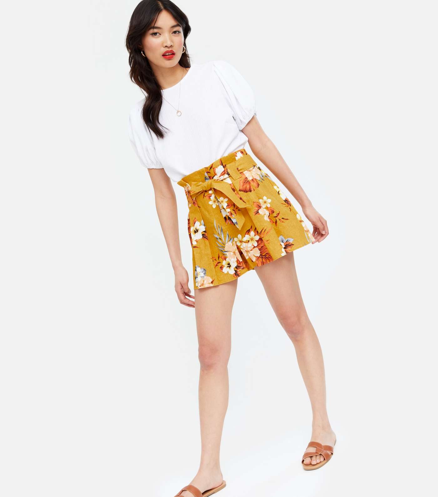 Mustard Tropical Linen Blend High Waist Shorts