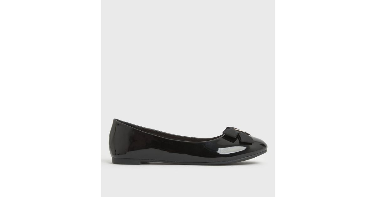 Wide Fit Black Patent Bow Ballet Pumps | New Look