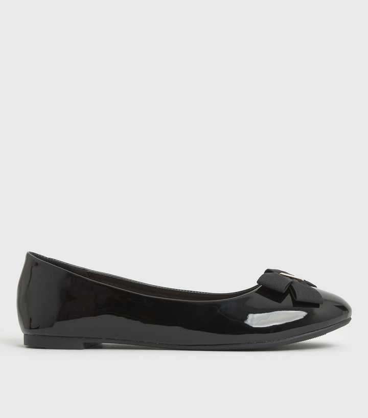 Wide Fit Black Patent Bow Ballet Pumps | New Look