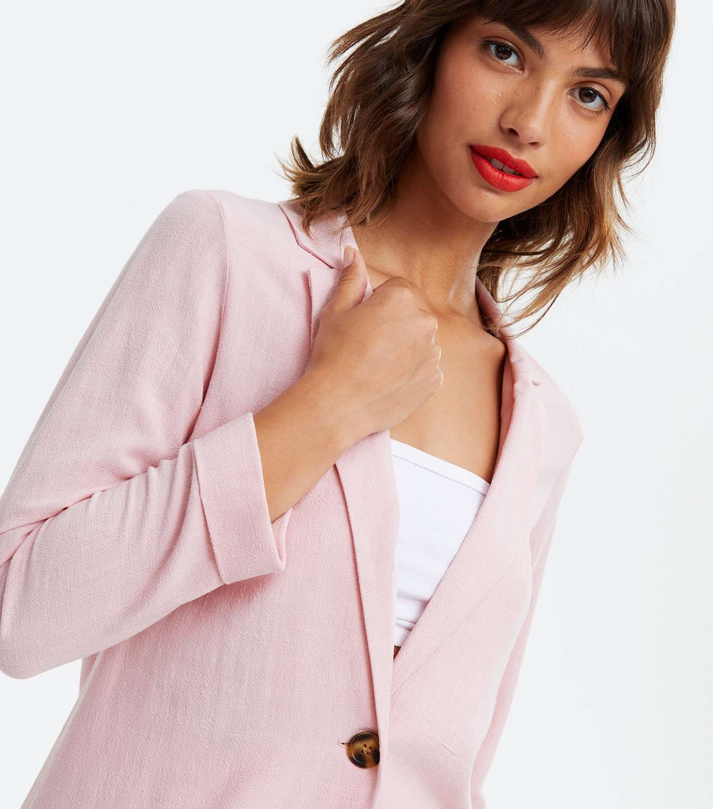 Pale Pink Linen Look Long Blazer Image 3