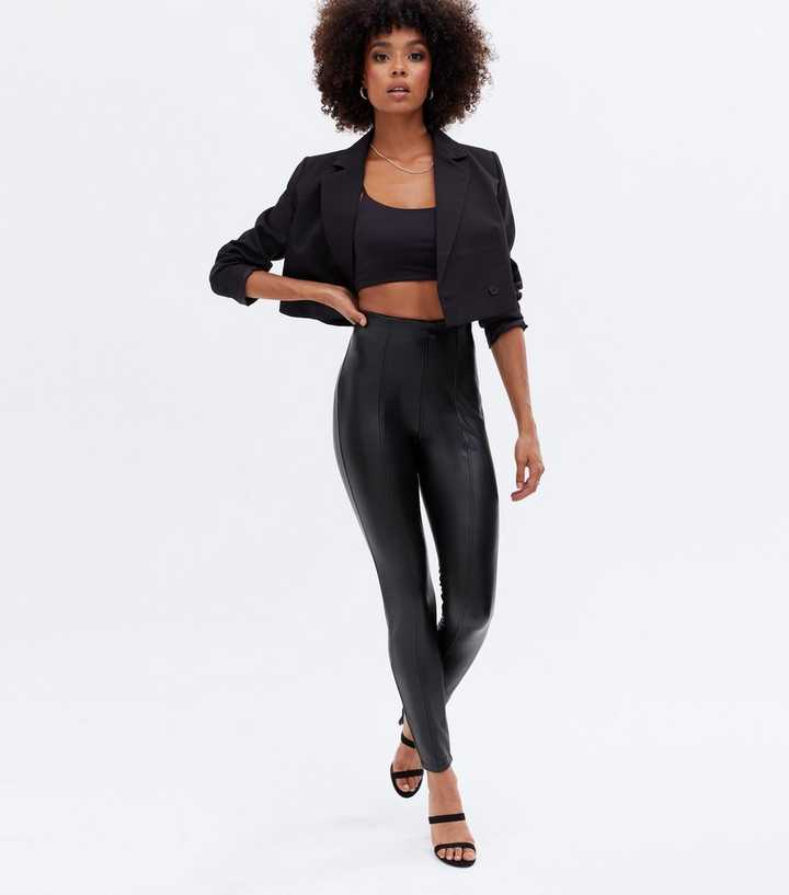 River Island button front faux leather leggings in black