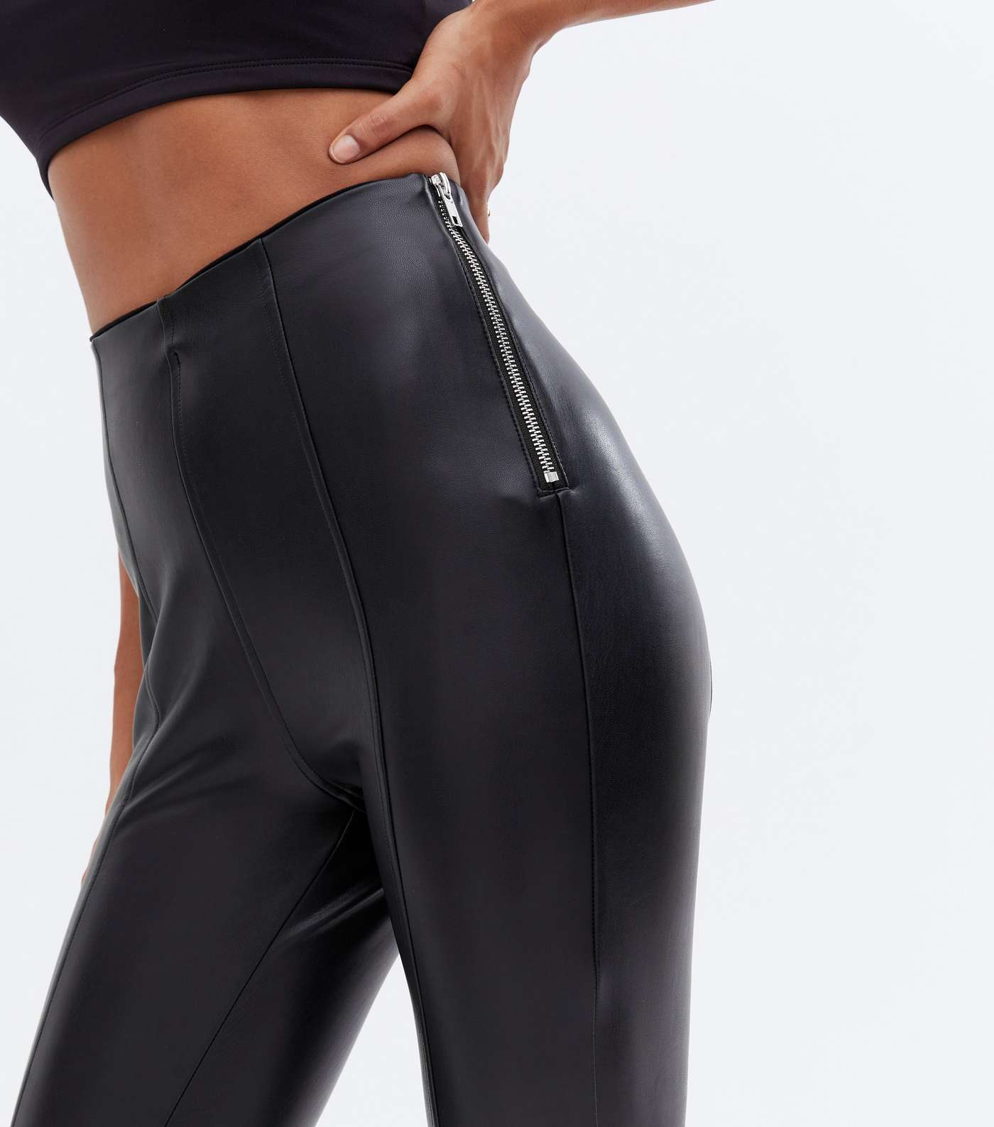Black Leather-Look High Waist Zip Leggings Image 3
