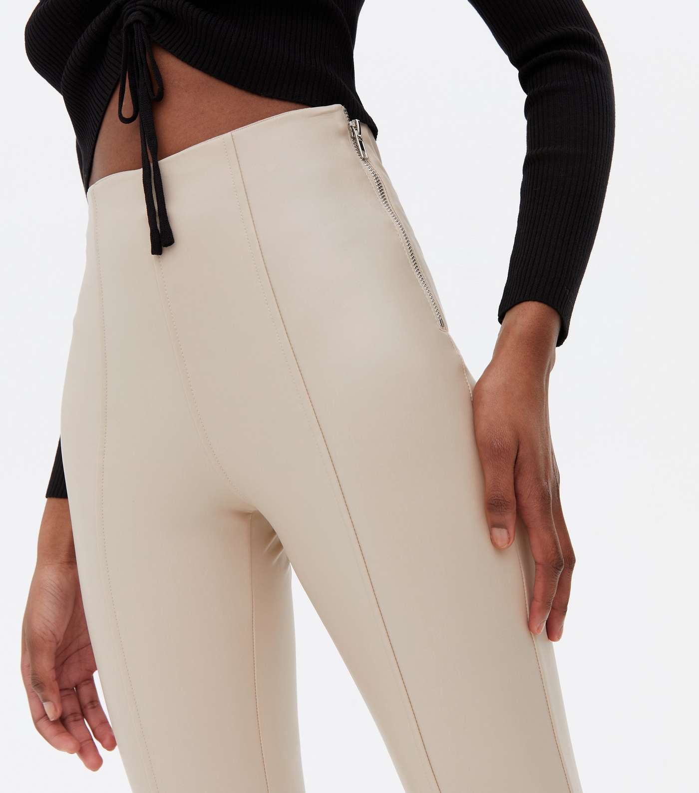 Cream Leather-Look High Waist Zip Leggings Image 3