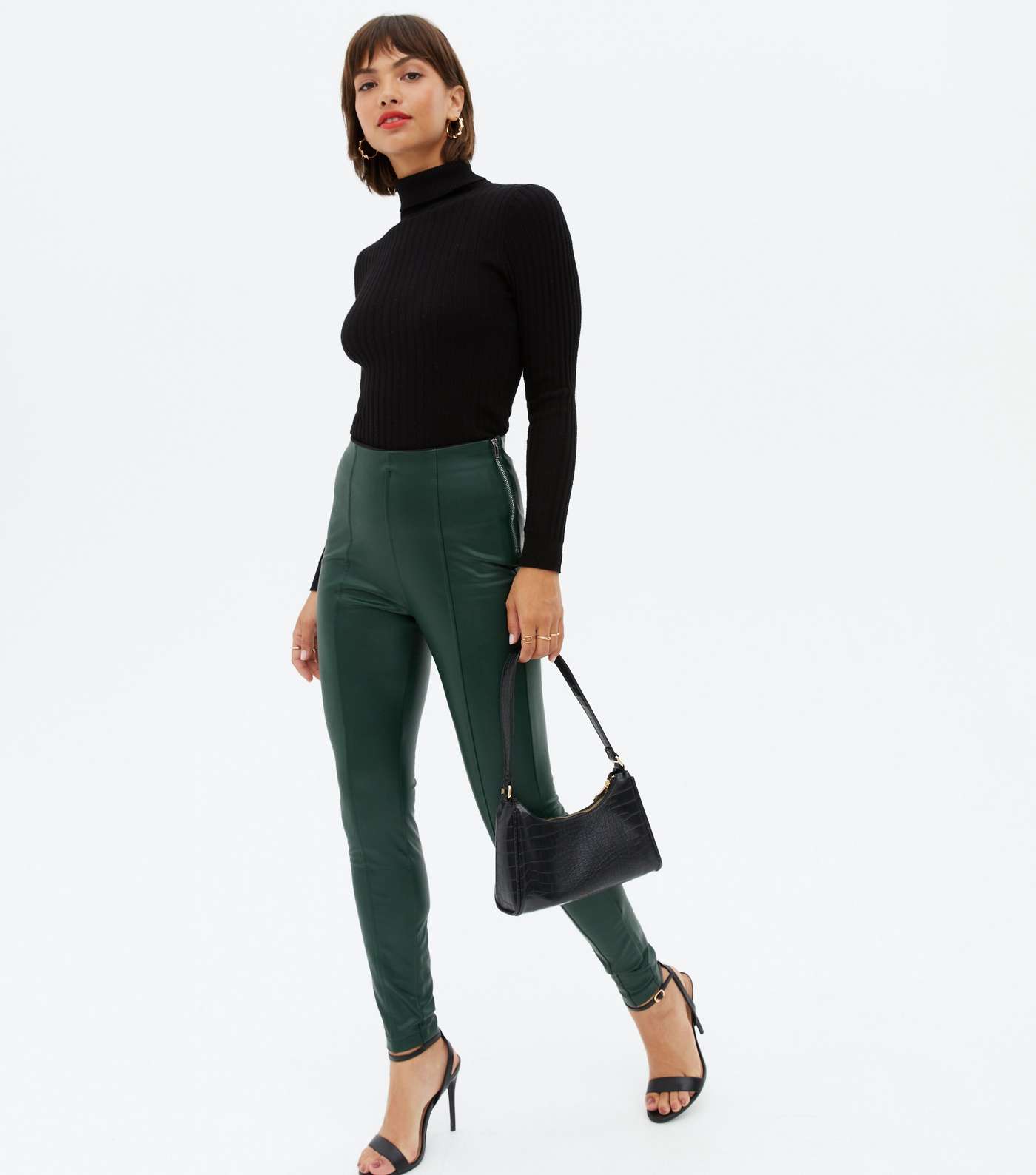 Dark Green Leather-Look High Waist Zip Leggings