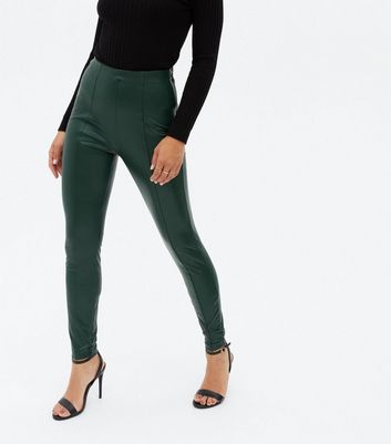 Dark Green Leather-Look High Waist Zip 