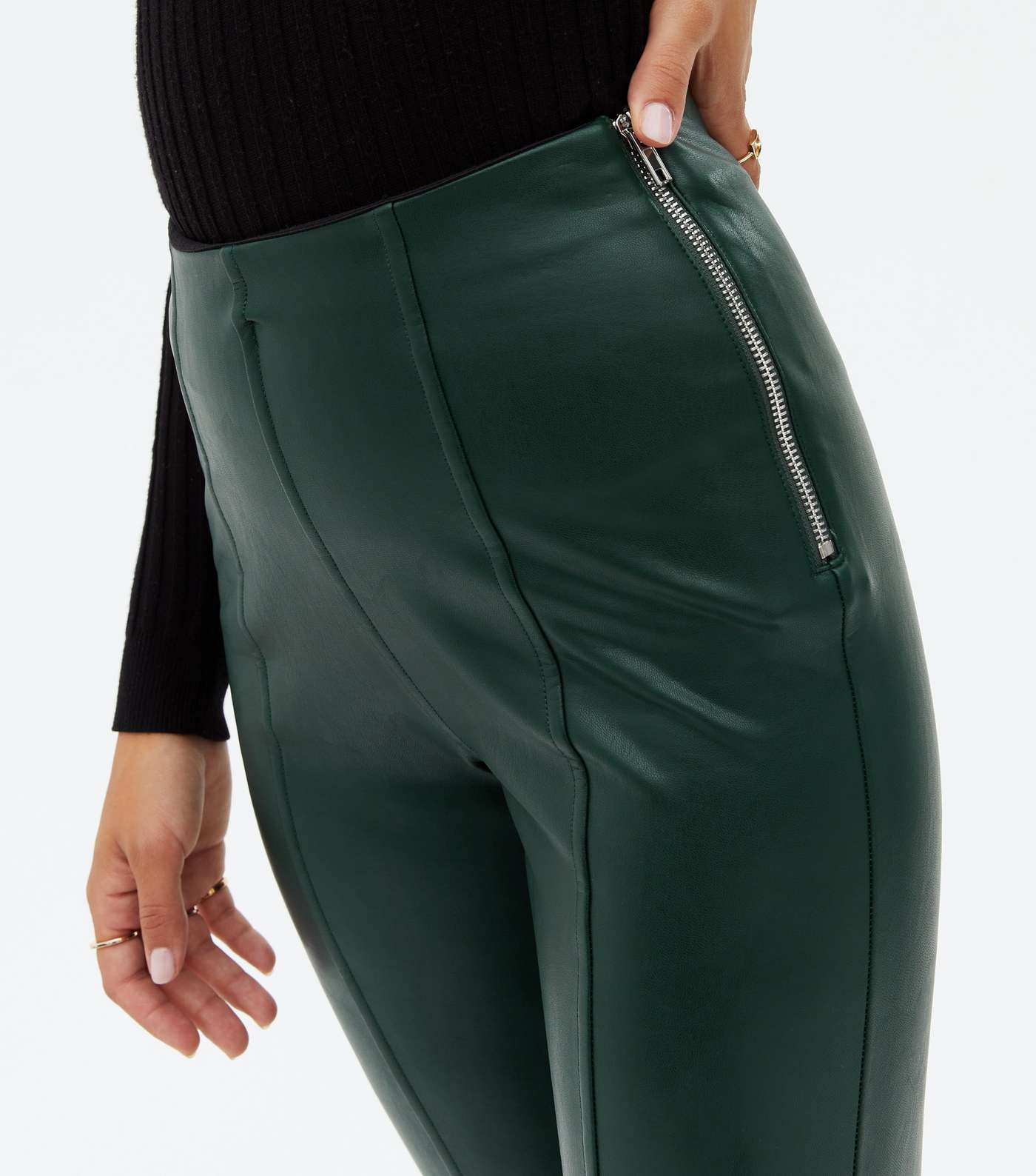 Dark Green Leather-Look High Waist Zip Leggings Image 3