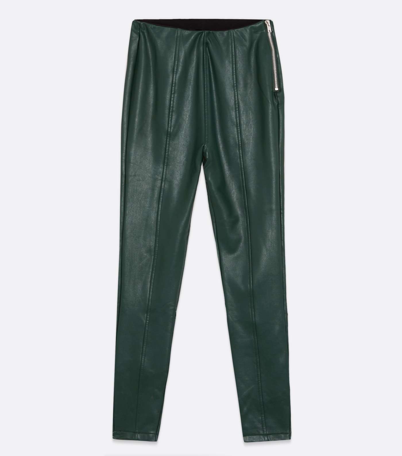 Dark Green Leather-Look High Waist Zip Leggings Image 5