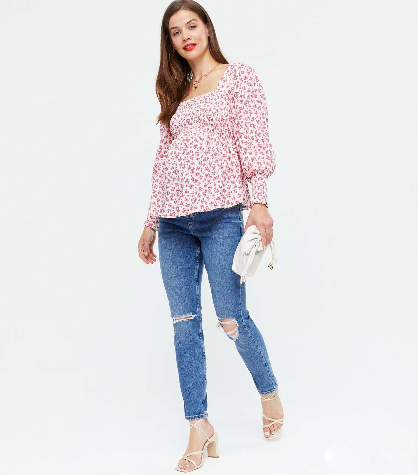 Maternity White Floral Square Neck Shirred Blouse Image 2