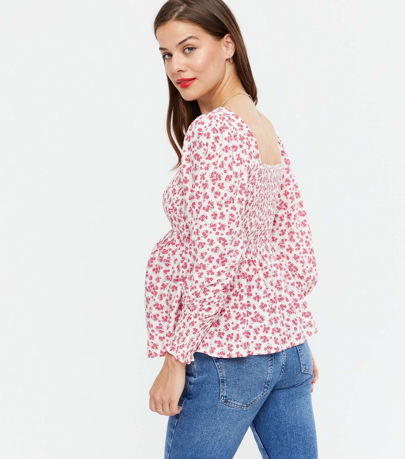Maternity White Floral Square Neck Shirred Blouse Image 4