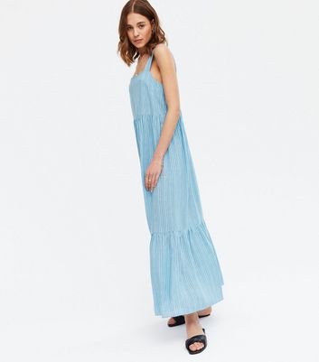 Damen Bekleidung Pale Blue Stripe Square Neck Tiered Maxi Dress