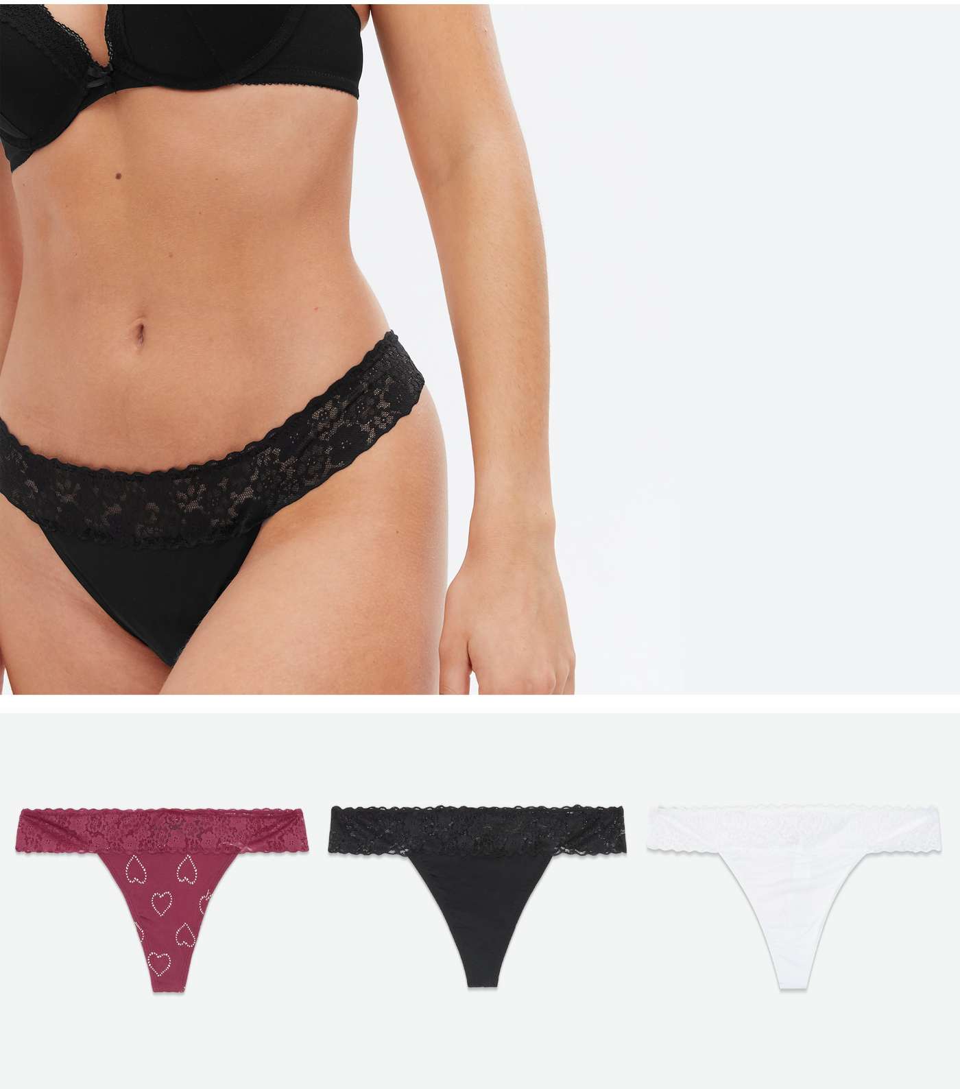 3 Pack Burgundy Black and White Heart Lace Waist Thongs