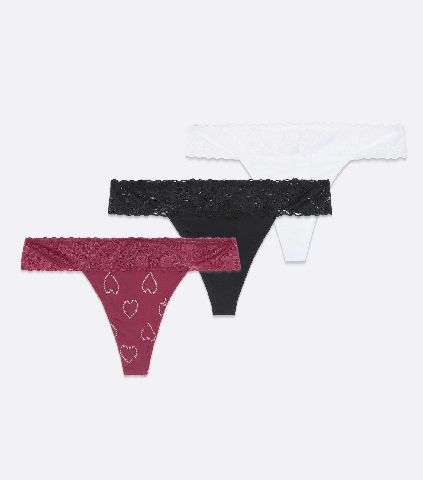 3 Pack Burgundy Black and White Heart Lace Waist Thongs Image 5
