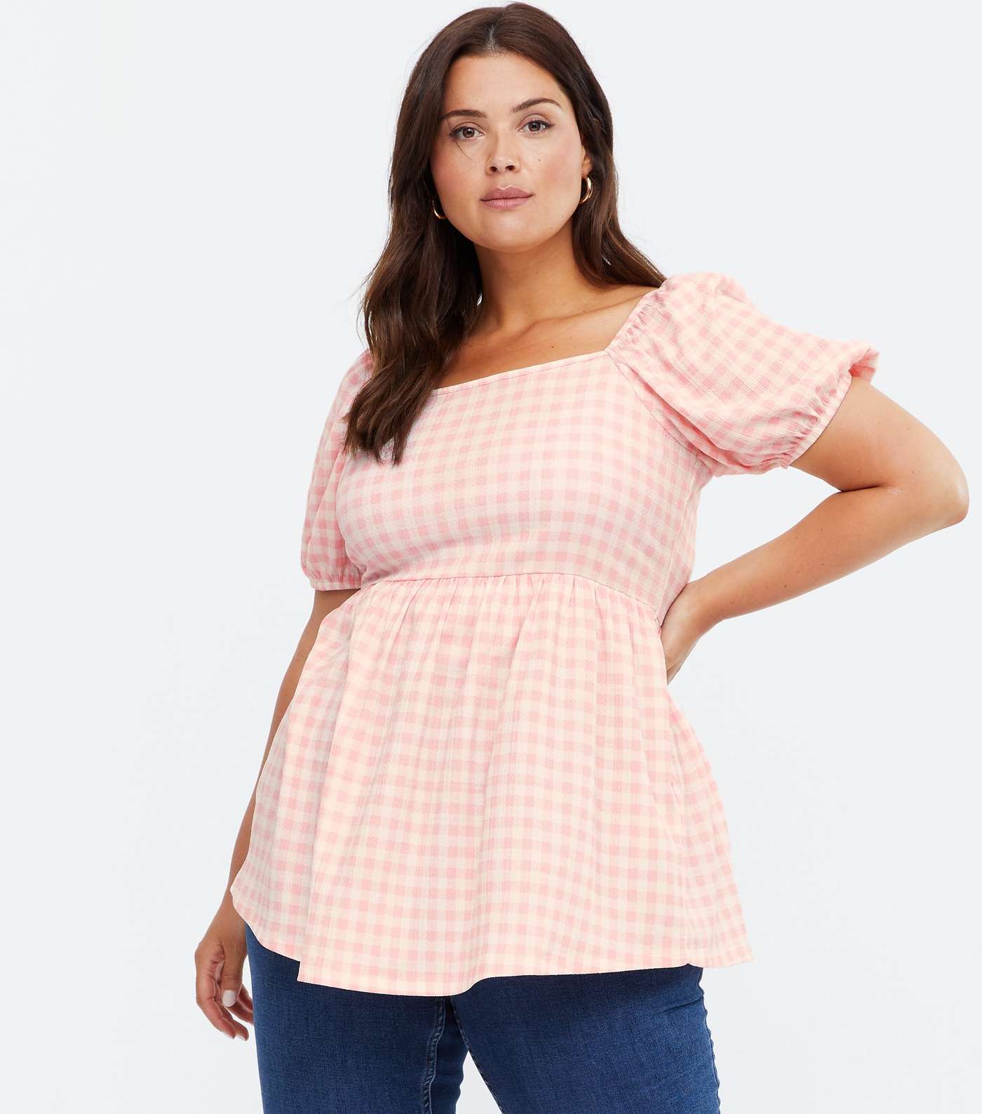 Curves Pink Gingham Square Neck Peplum Top