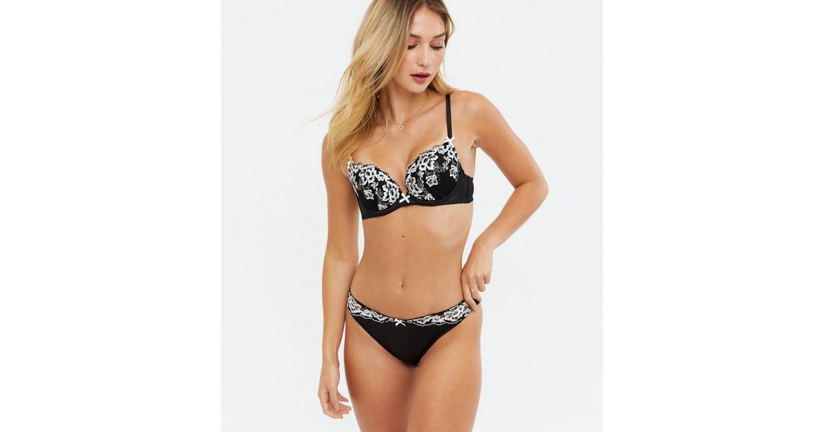 Black Floral Satin Push Up Bra | New Look
