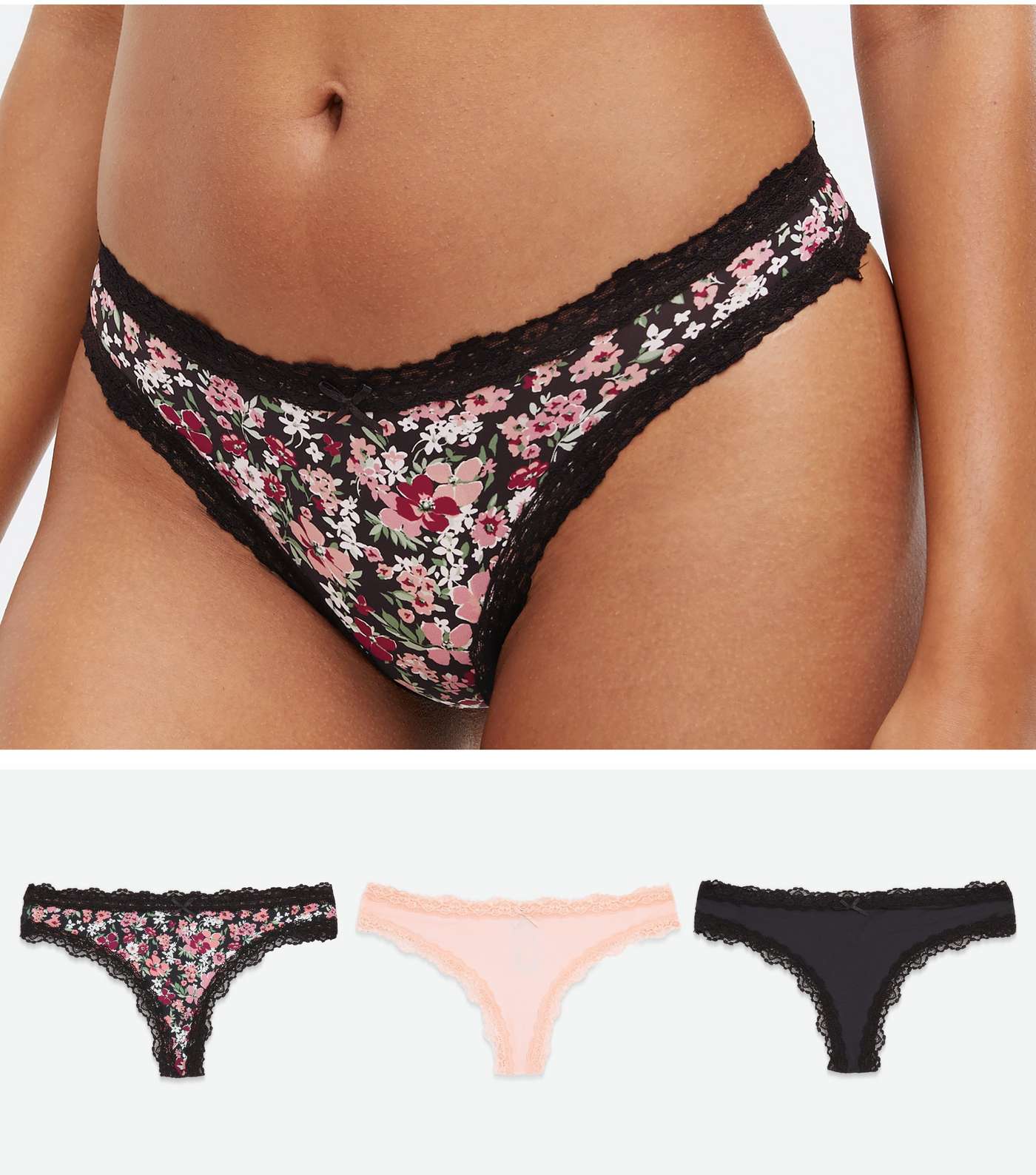 3 Pack Black Pink and Floral Lace Trim Thongs