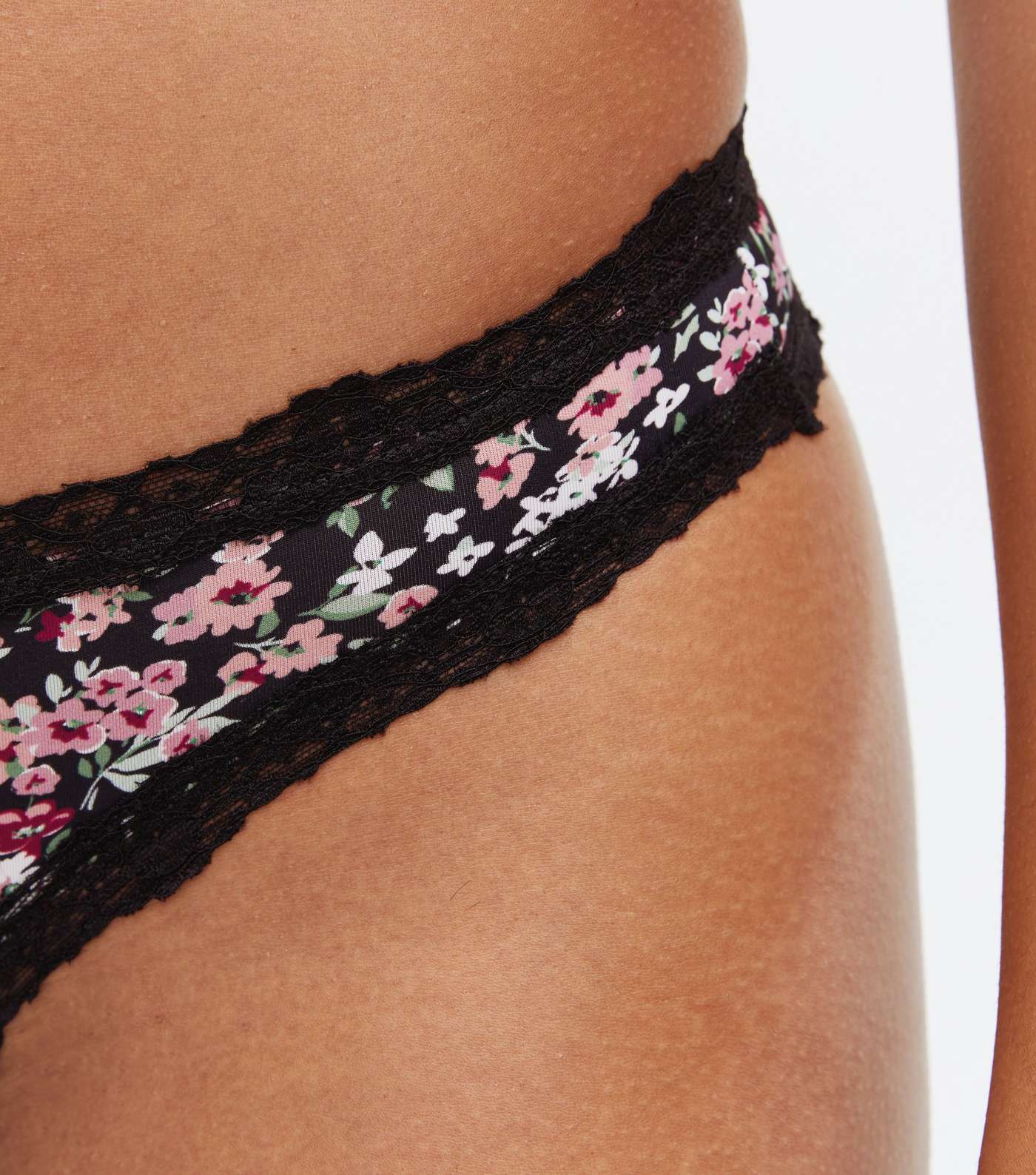 3 Pack Black Pink and Floral Lace Trim Thongs Image 3