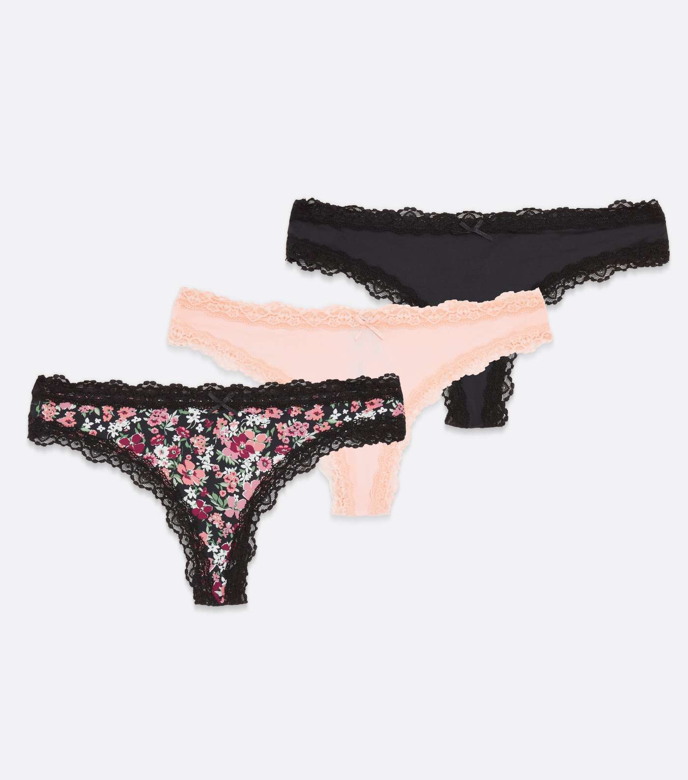3 Pack Black Pink and Floral Lace Trim Thongs Image 5