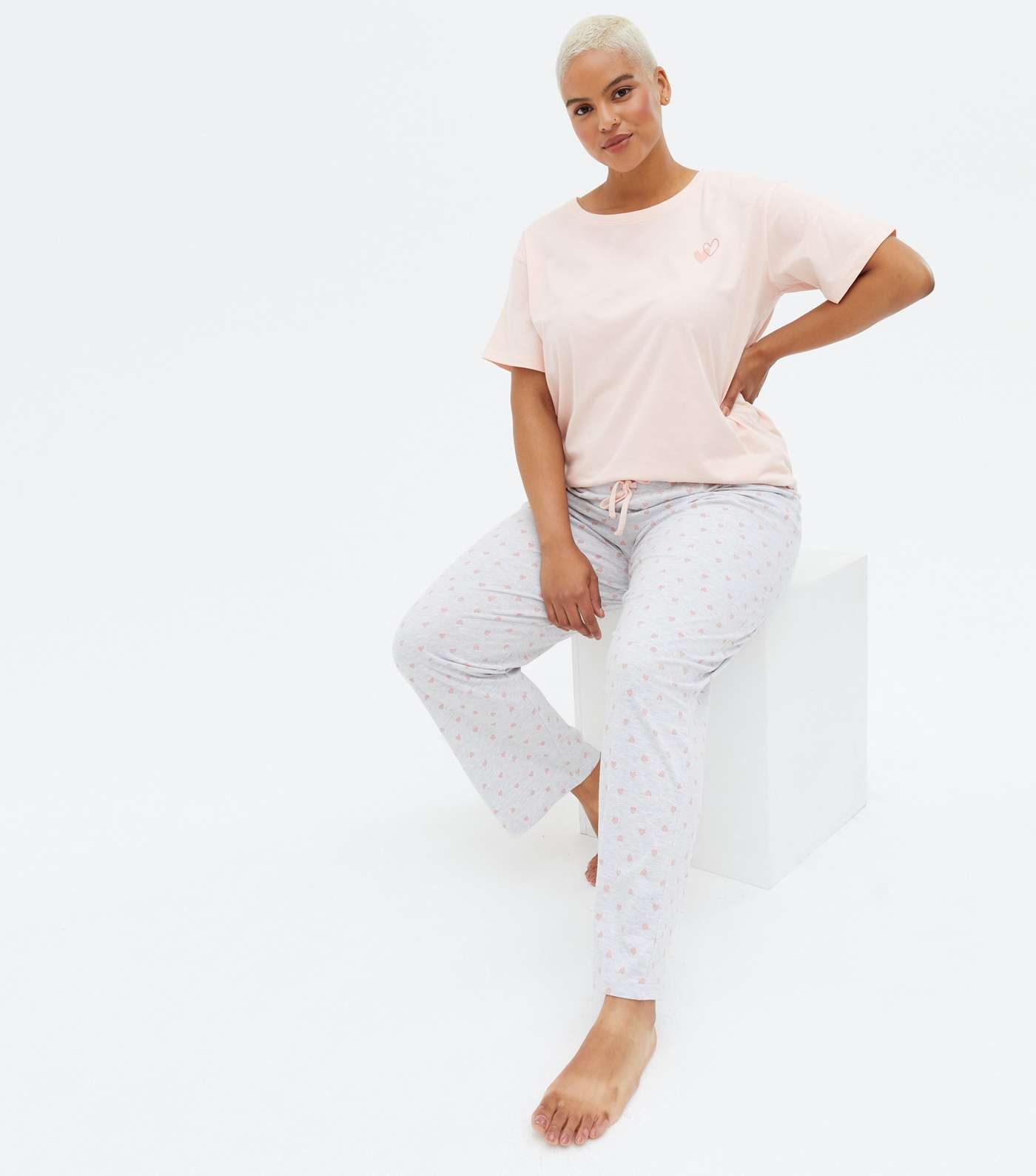 Curves Pale Pink Heart Trouser Pyjama Set Image 2