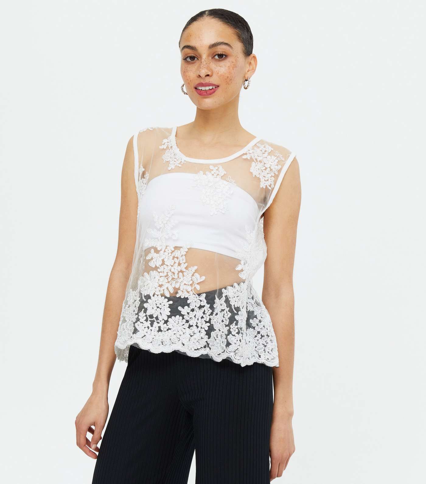 Pink Vanilla Off White Floral Lace Sheer Top