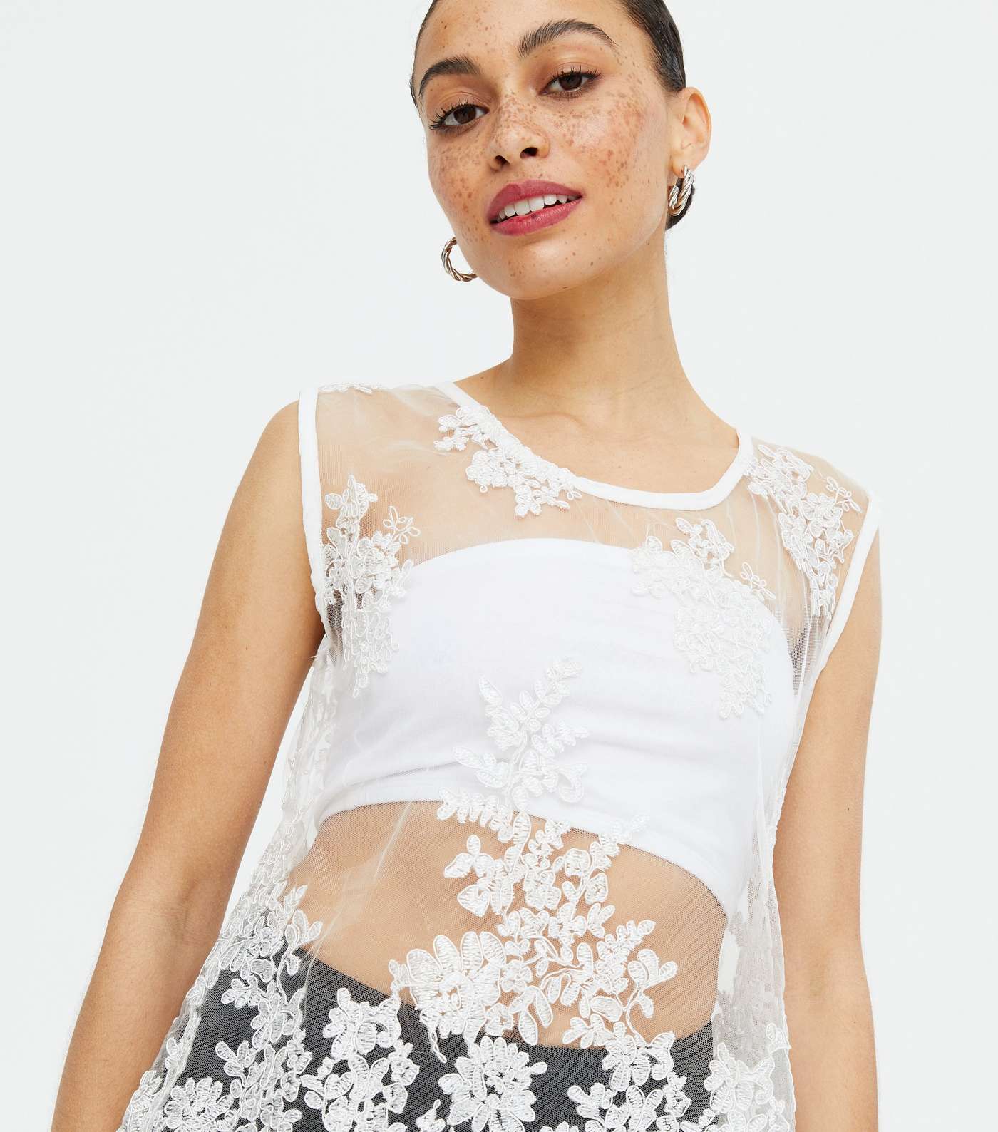 Pink Vanilla Off White Floral Lace Sheer Top Image 3