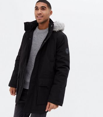 Black Faux Fur Hooded Parka Jacket New Look