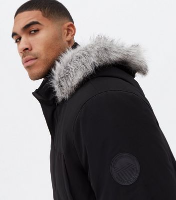Black Faux Fur Hooded Parka Jacket 