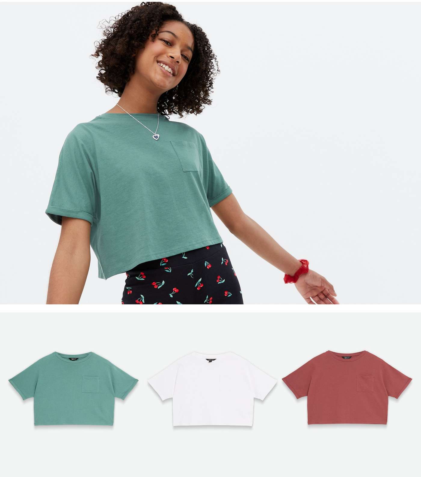Girls 3 Pack Green White and Rust Pocket T-Shirts