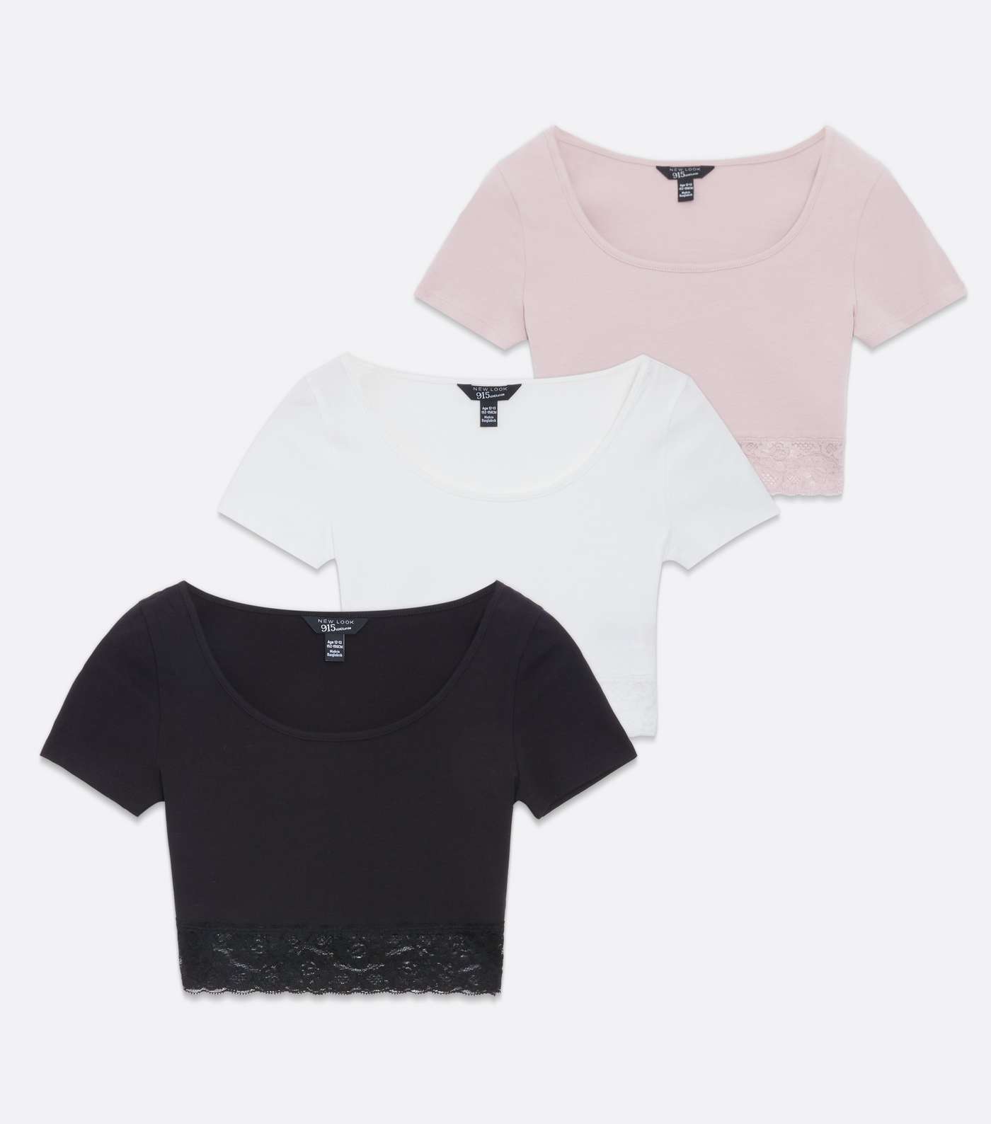 Girls 3 Pack Pink Black and White Lace Hem T-Shirts Image 5