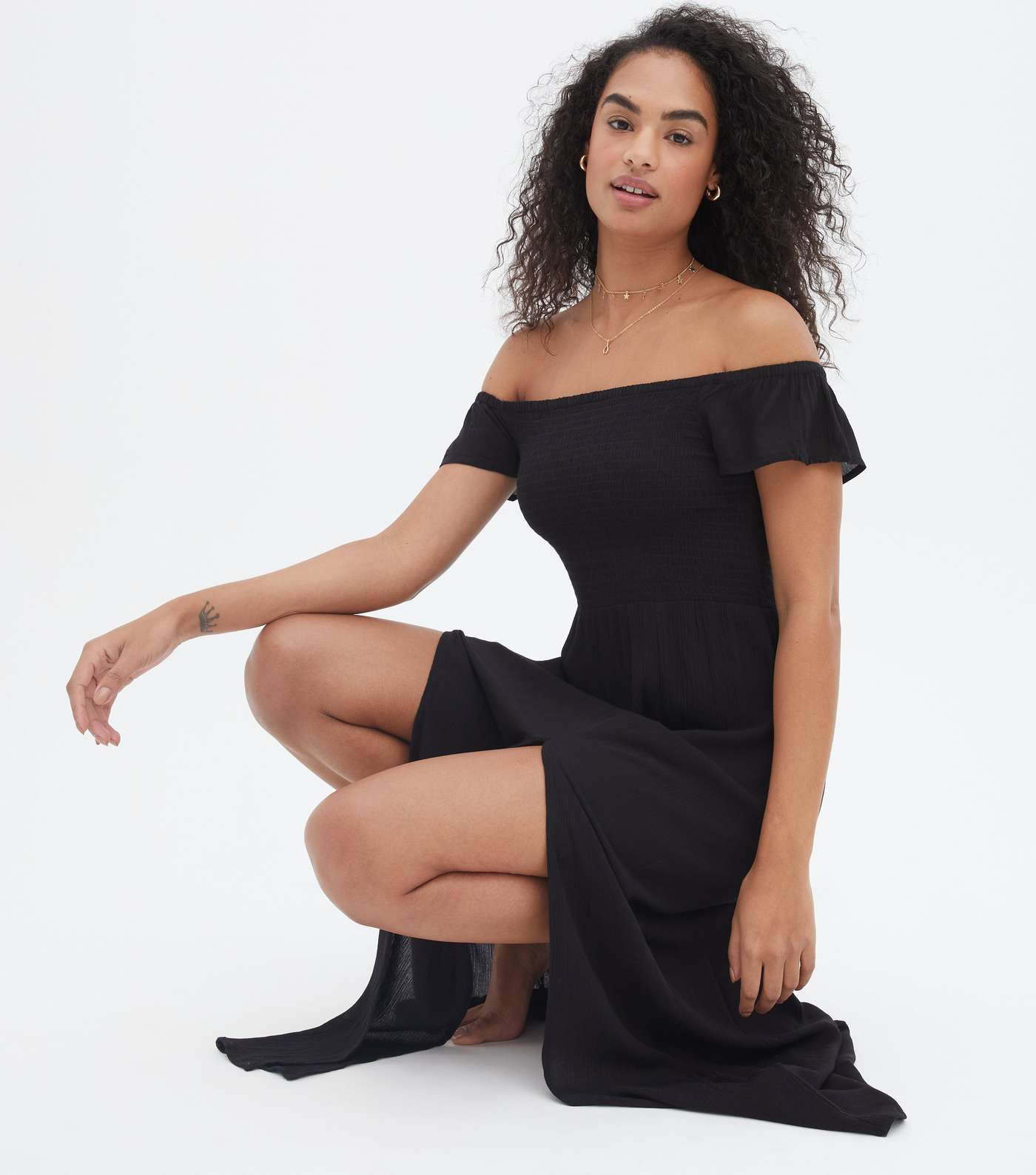 Black Shirred Bardot Maxi Beach Dress Image 2