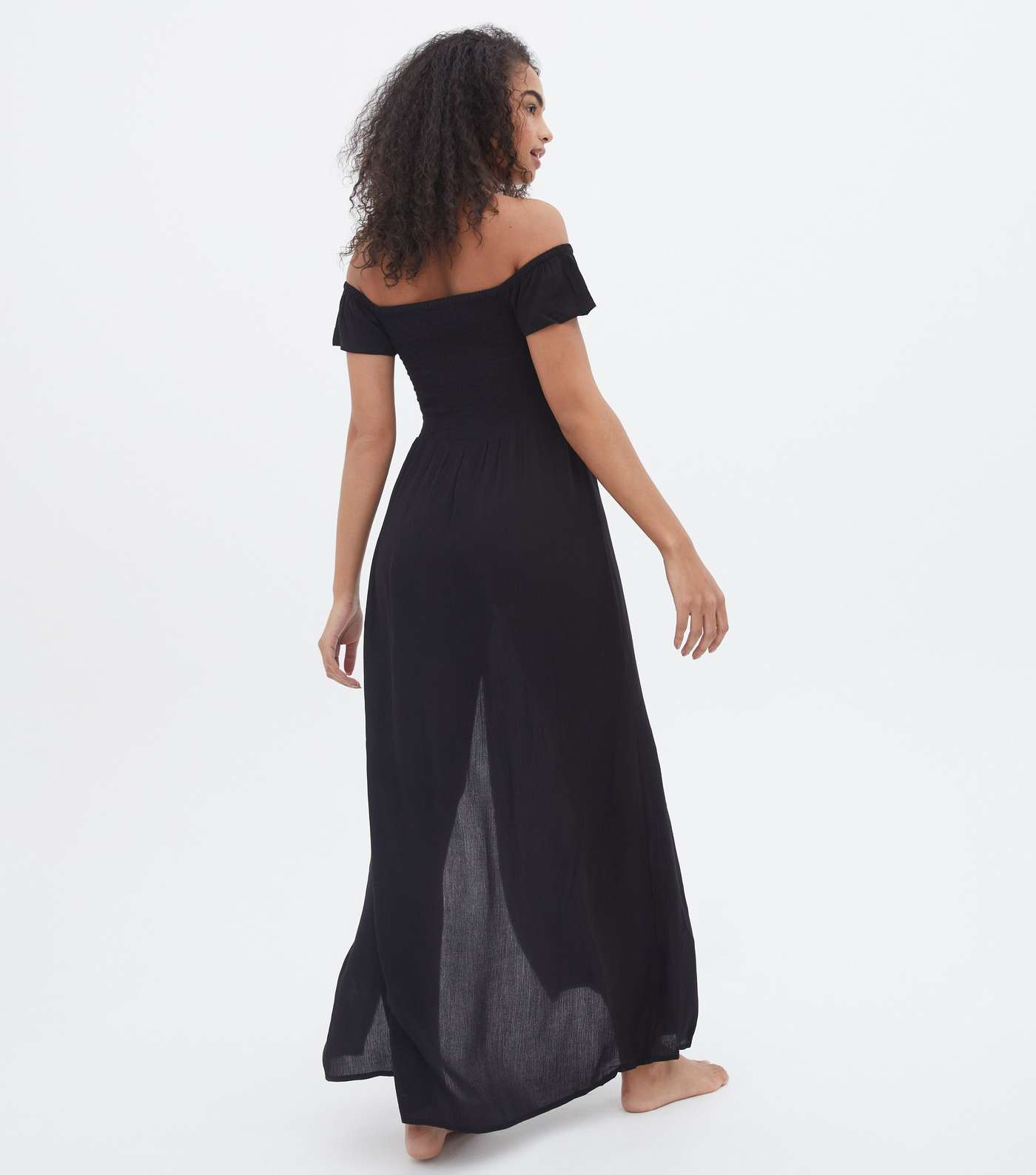 Black Shirred Bardot Maxi Beach Dress Image 4