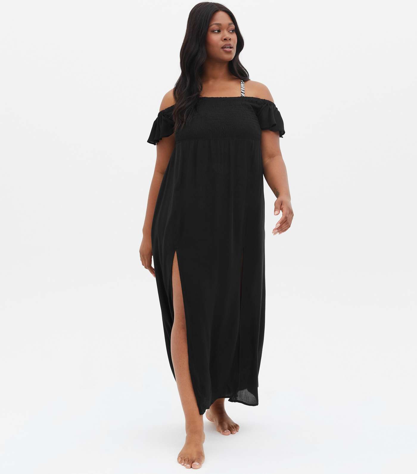 Curves Black Shirred Bardot Beach Dress Image 2