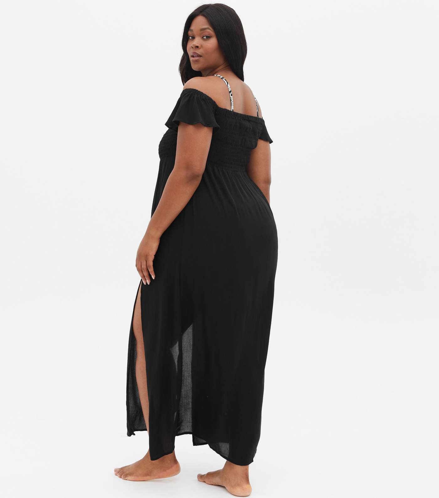 Curves Black Shirred Bardot Beach Dress Image 4