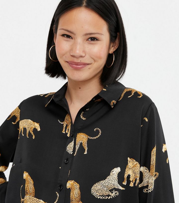 Black Leopard Print Satin Oversized Shirt New Look