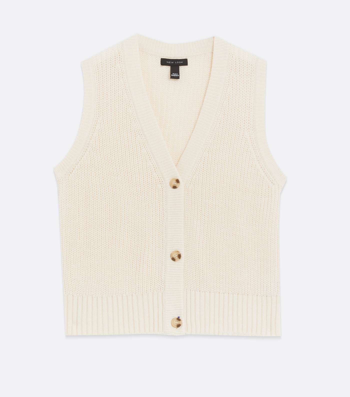 Off White Ribbed Knit Button Long Sleeveless Vest Image 5