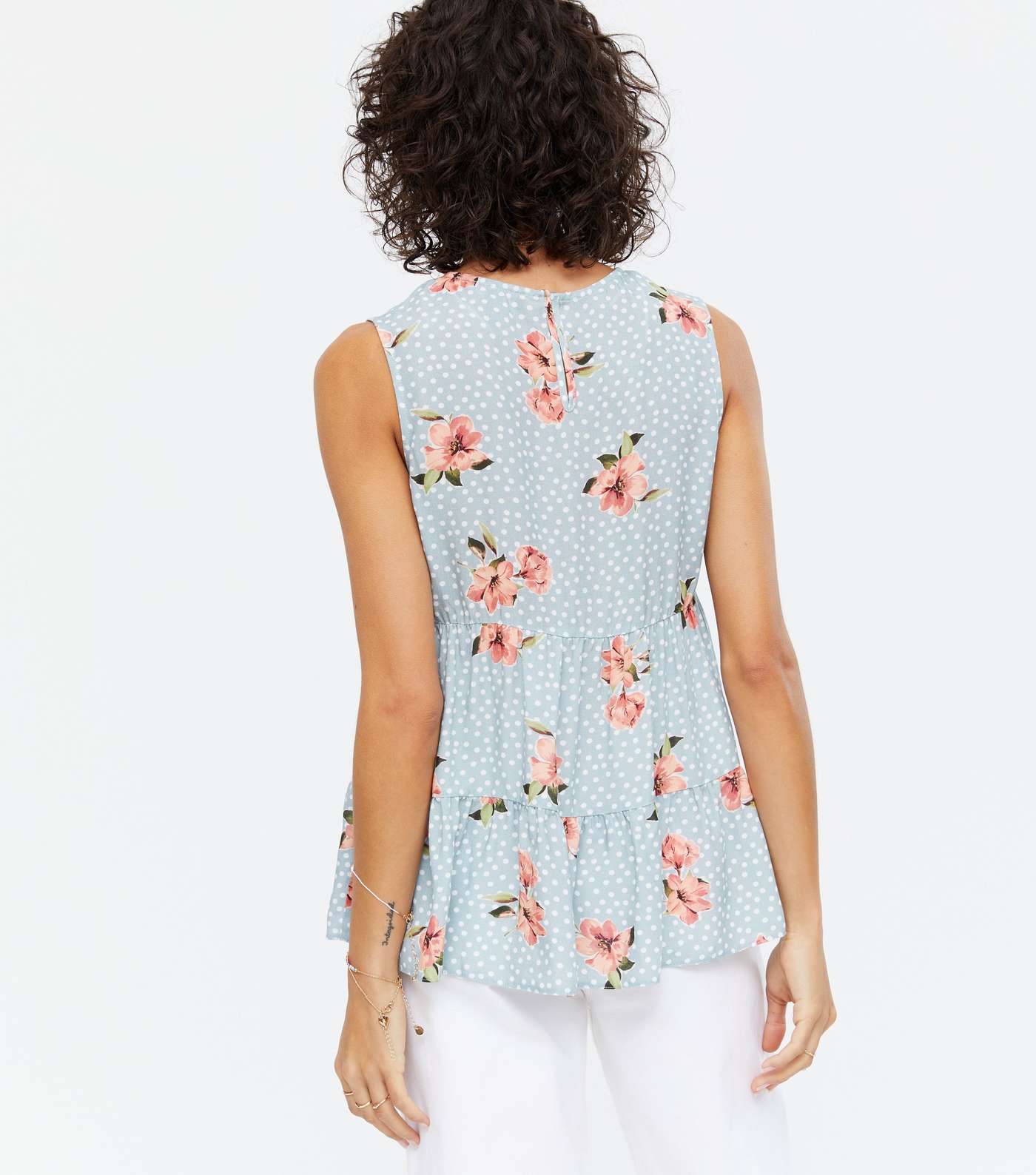 Blue Spot Floral Sleeveless Tiered Blouse Image 4